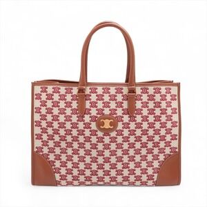 Celine Triomphe Horizontal Cabas Canvas Leather Tote Bag Beige Tan Brown